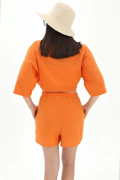 Pamuk Keten Şort Gömlek Kadın İkili Takım - Turuncu - Resim 7