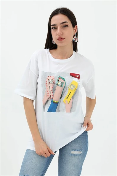 Bisiklet Yaka Terlik Baskılı T-shirt - Beyaz ürün görseli 1