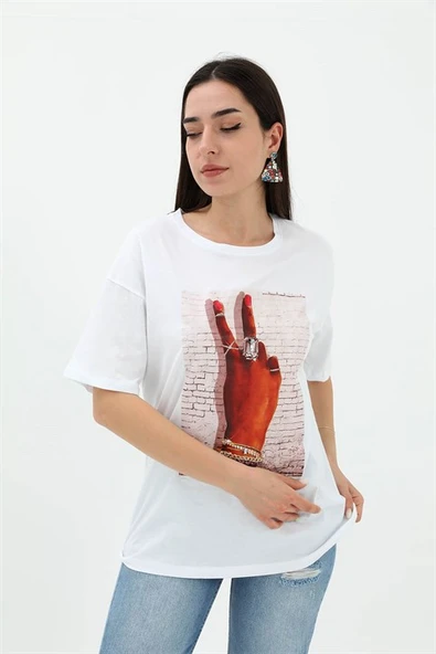 Bisiklet Yaka El Baskılı Süprem T-shirt - Beyaz - Resim 3