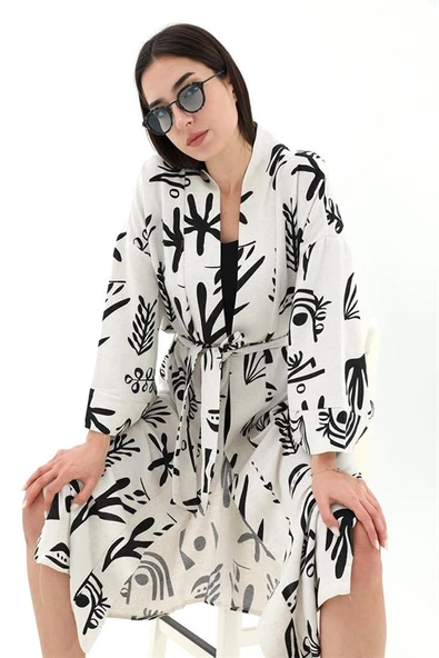 Baskılı Keten Kimono - Siyah - Resim 2