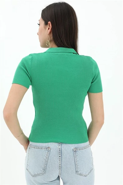 Polo Yakalı Kısa Kol Triko Kazak - Yeşil - Resim 3