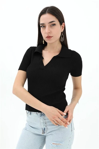 Polo Yakalı Kısa Kol Triko Kazak - Siyah - Resim 2