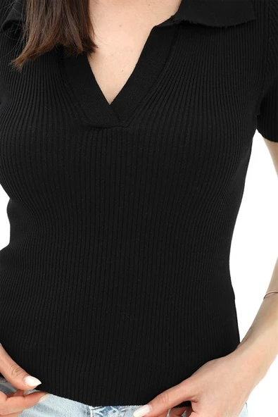 Polo Yakalı Kısa Kol Triko Kazak - Siyah - Resim 4