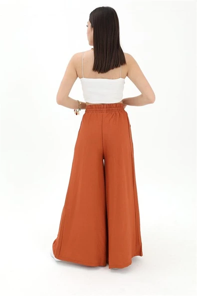 Geniş Kemerli Bol Paça Düz Keten Kadın Pantolon - Taba - Resim 6