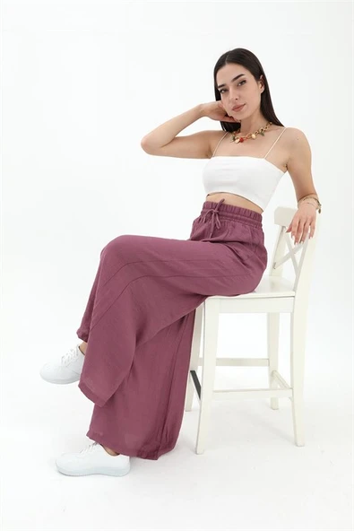 Geniş Kemerli Bol Paça Düz Keten Kadın Pantolon - Lila - Resim 4