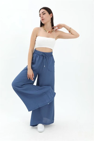 Geniş Kemerli Bol Paça Düz Keten Kadın Pantolon - Mavi - Resim 4