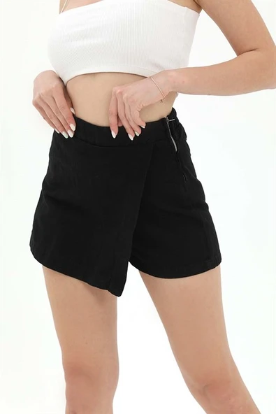 Yanı Fermuarlı Gabardin Şort Etek - Siyah - Resim 3