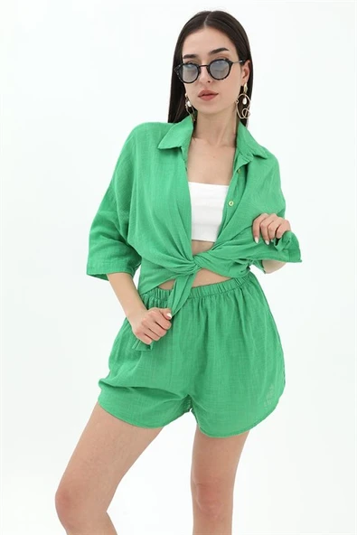 Pamuk Keten Şort Gömlek Kadın İkili Takım - Yeşil - Resim 4