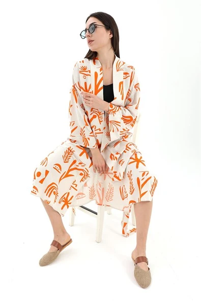 Baskılı Keten Kimono - Turuncu - Resim 3