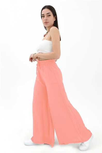 Geniş Kemerli Bol Paça Düz Keten Kadın Pantolon - Mercan - Resim 2