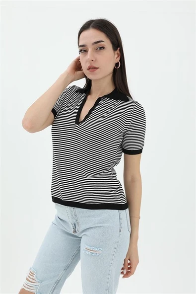 İnce Çizgili Polo Yaka Triko Kazak - Siyah - Resim 2