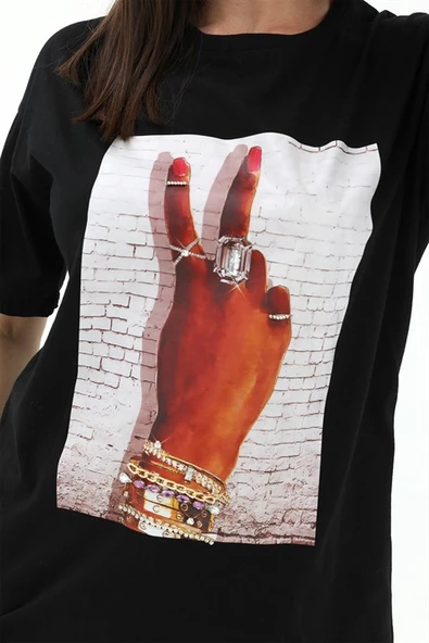 Bisiklet Yaka El Baskılı Süprem T-shirt - Siyah - Resim 4