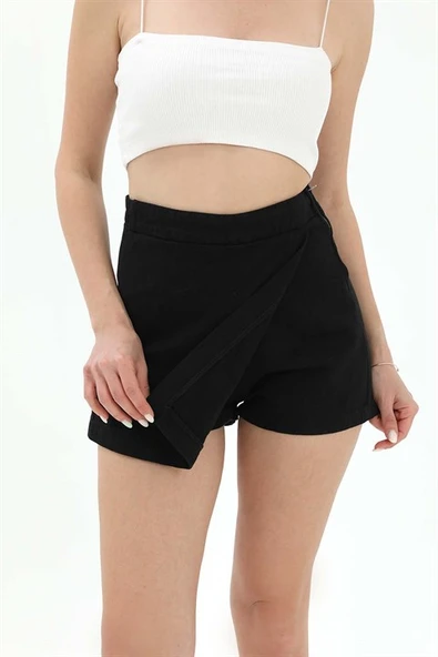 Yanı Fermuarlı Gabardin Şort Etek - Siyah - Resim 2