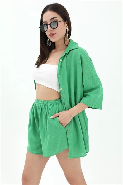 Pamuk Keten Şort Gömlek Kadın İkili Takım - Yeşil - Resim 6