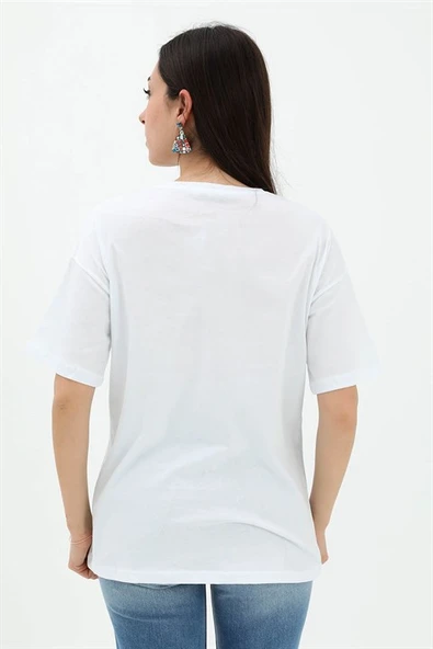 Bisiklet Yaka Ananas Baskılı Süprem T-shirt - Beyaz - Resim 3