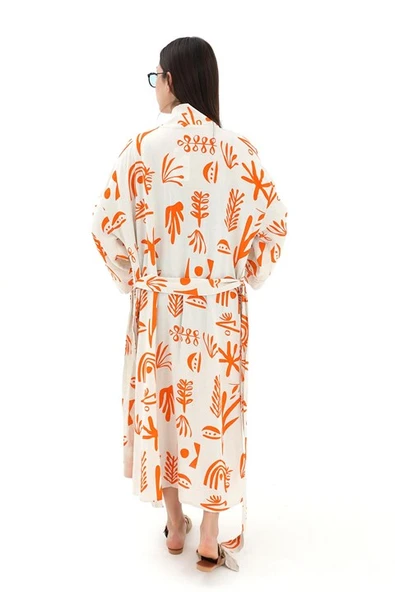 Baskılı Keten Kimono - Turuncu - Resim 7