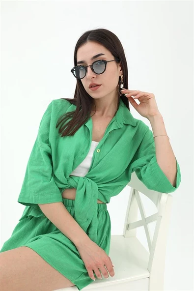 Pamuk Keten Şort Gömlek Kadın İkili Takım - Yeşil ürün görseli 1