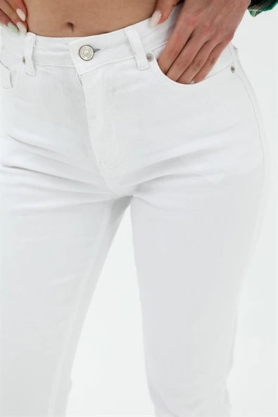 Yüksek Bel Likralı Mom Jeans - Beyaz - Resim 5