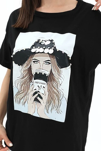 Bisiklet Yaka Kovboy Şapkalı Süprem T-shirt - Siyah - 4