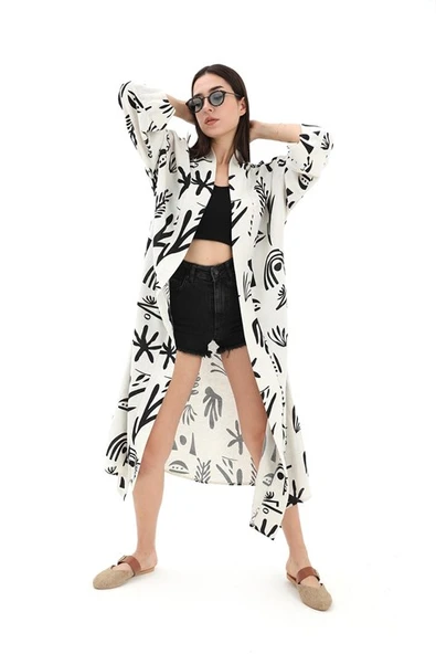 Baskılı Keten Kimono - Siyah ürün görseli 1