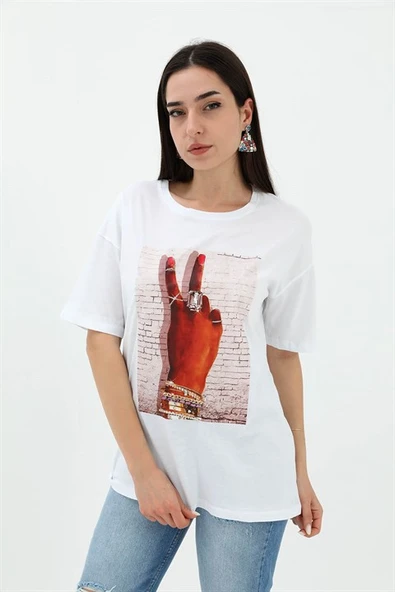 Bisiklet Yaka El Baskılı Süprem T-shirt - Beyaz ürün görseli 1