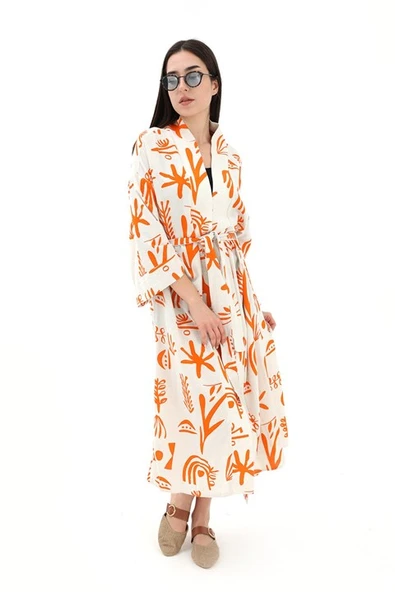 Baskılı Keten Kimono - Turuncu - Resim 2