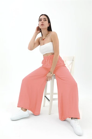 Geniş Kemerli Bol Paça Düz Keten Kadın Pantolon - Mercan ürün görseli 1