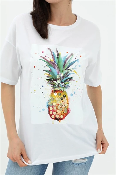 Bisiklet Yaka Ananas Baskılı Süprem T-shirt - Beyaz - Resim 4
