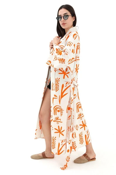 Baskılı Keten Kimono - Turuncu - Resim 4