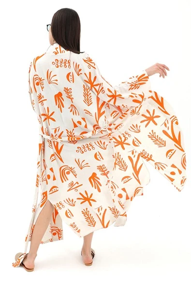 Baskılı Keten Kimono - Turuncu - Resim 6
