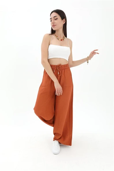 Geniş Kemerli Bol Paça Düz Keten Kadın Pantolon - Taba - Resim 4