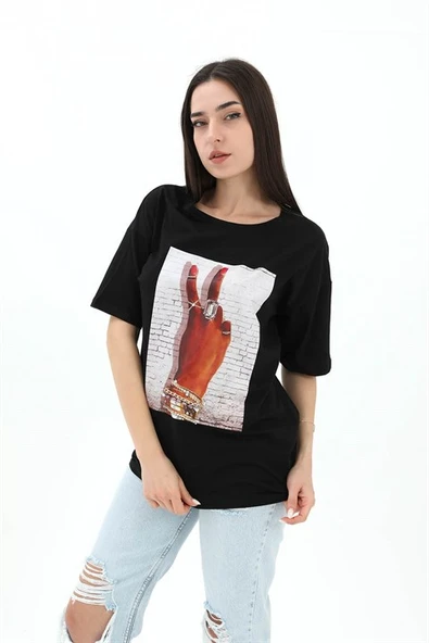 Bisiklet Yaka El Baskılı Süprem T-shirt - Siyah - Resim 2