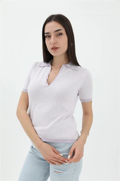 İnce Çizgili Polo Yaka Triko Kazak - Lila - Resim 2