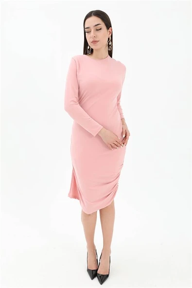 Bisiklet Yaka Yanı Büzgülü Elbise - Pudra - Resim 3