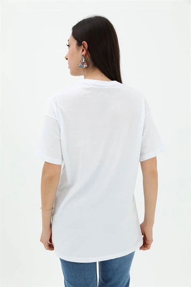 Bisiklet Yaka Taş Detaylı Süprem T-shirt - Beyaz - Resim 3