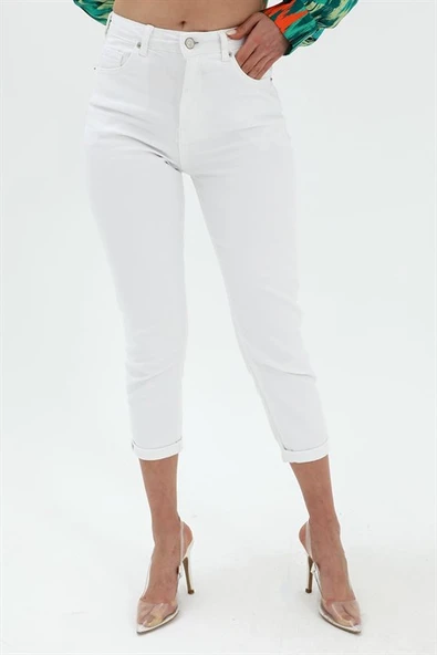 Yüksek Bel Likralı Mom Jeans - Beyaz - Resim 2