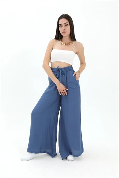 Geniş Kemerli Bol Paça Düz Keten Kadın Pantolon - Mavi - Resim 2