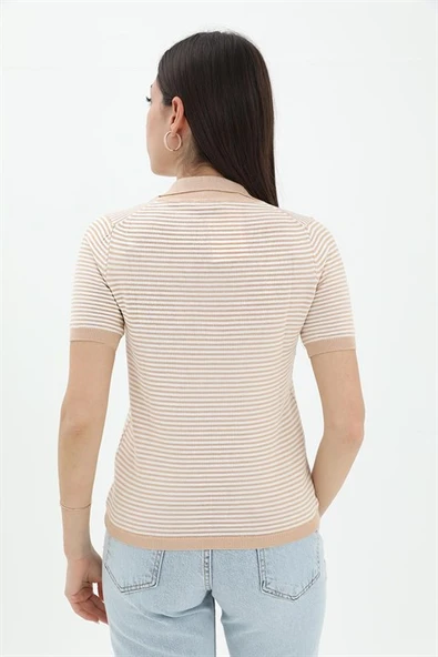 İnce Çizgili Polo Yaka Triko Kazak - Camel - Resim 3