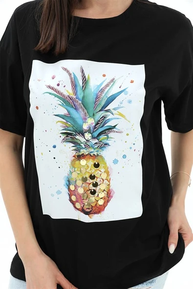 Bisiklet Yaka Ananas Baskılı Süprem T-shirt - Siyah - Resim 4