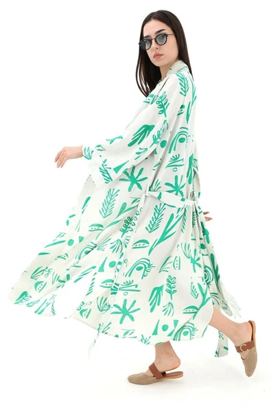 Baskılı Keten Kimono - Yeşil - Resim 3