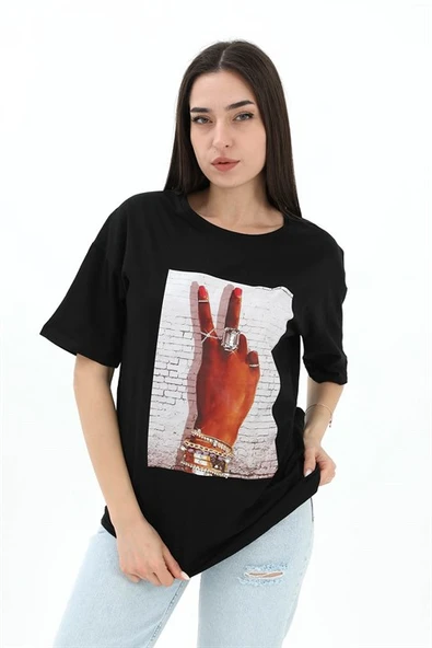 Bisiklet Yaka El Baskılı Süprem T-shirt - Siyah ürün görseli 1