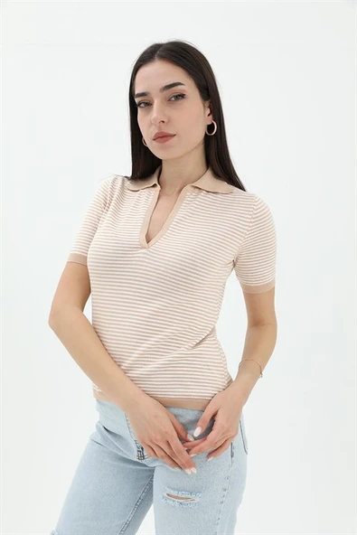 İnce Çizgili Polo Yaka Triko Kazak - Camel - Resim 2