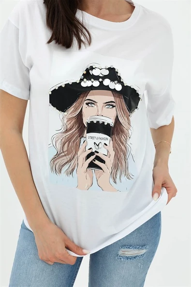 Bisiklet Yaka Kovboy Şapkalı Süprem T-shirt - Beyaz - Resim 4