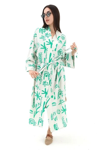 Baskılı Keten Kimono - Yeşil - Resim 6