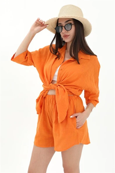 Pamuk Keten Şort Gömlek Kadın İkili Takım - Turuncu - Resim 6