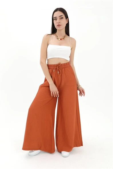Geniş Kemerli Bol Paça Düz Keten Kadın Pantolon - Taba - Resim 2