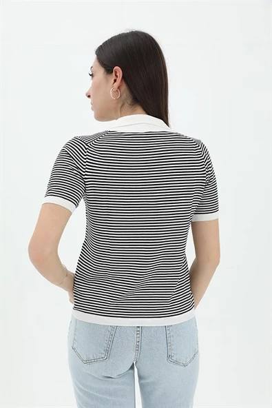 İnce Çizgili Polo Yaka Triko Kazak - Beyaz - Resim 3