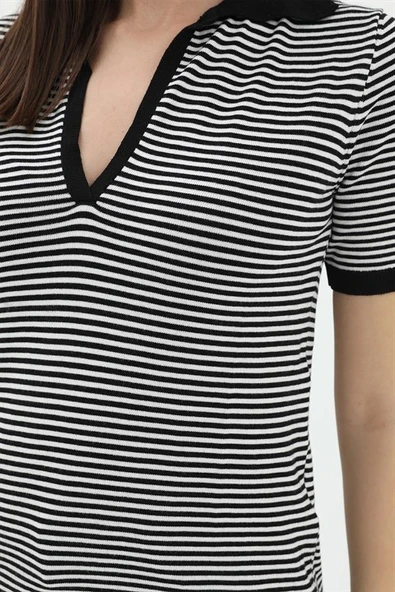 İnce Çizgili Polo Yaka Triko Kazak - Siyah - Resim 4