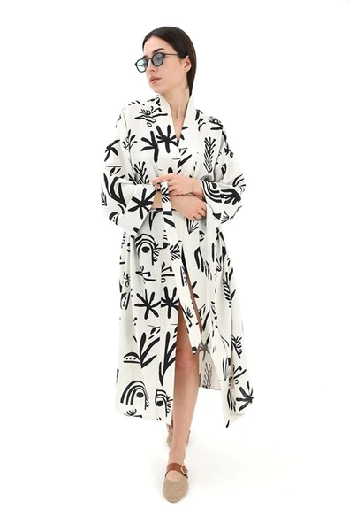 Baskılı Keten Kimono - Siyah - Resim 4