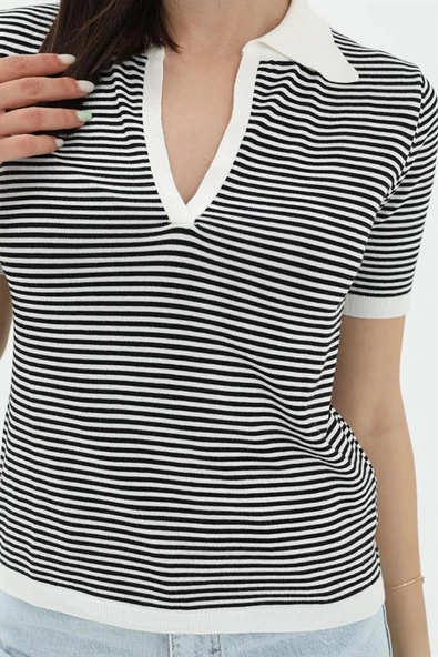 İnce Çizgili Polo Yaka Triko Kazak - Beyaz - Resim 4